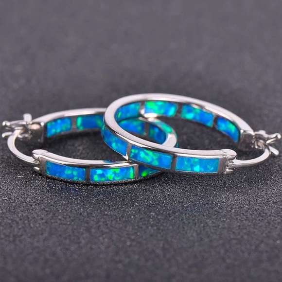 🆕New Blue Opal Hoop Earrings - Sterling Silver - Picture 1 of 8
